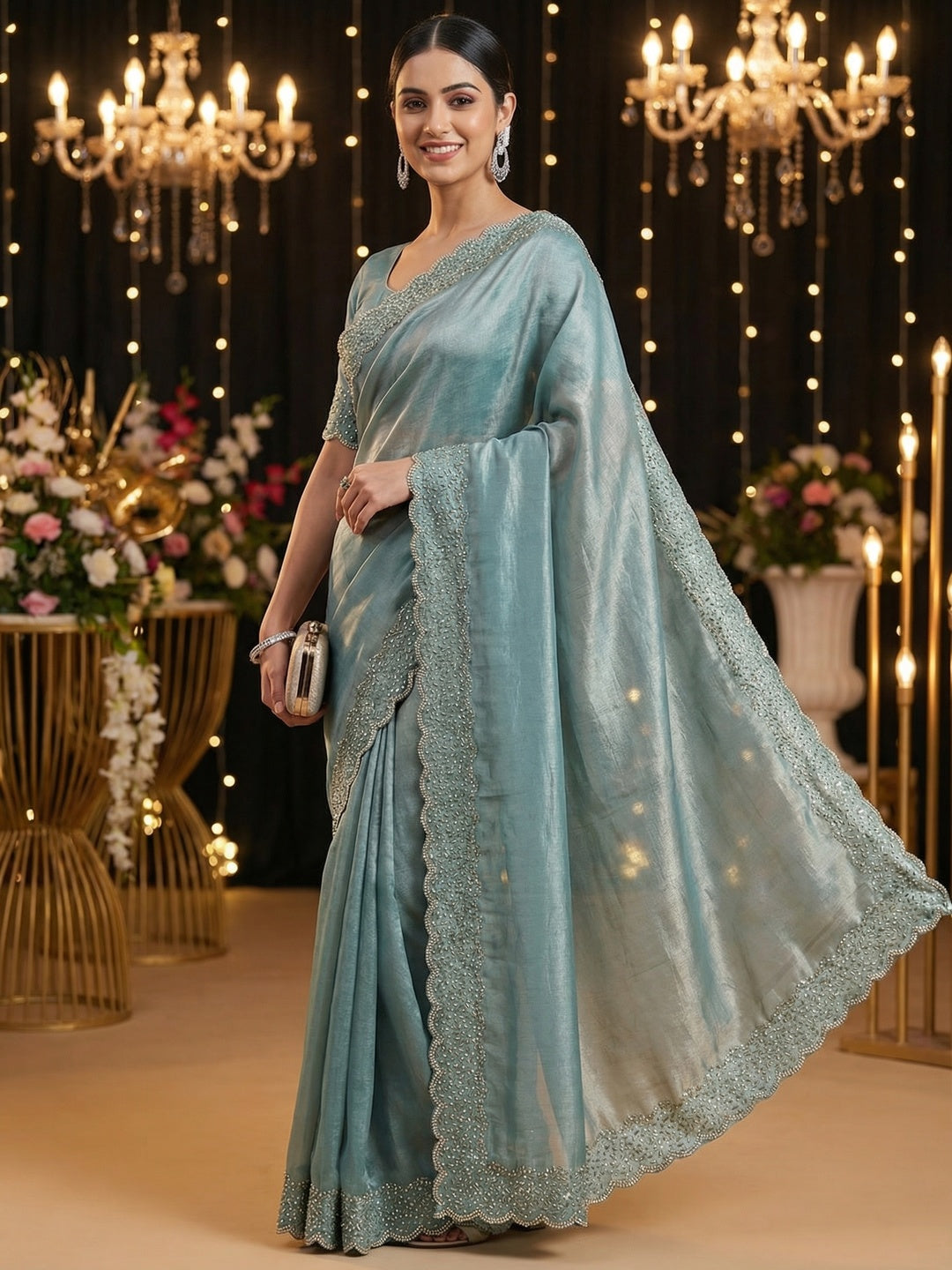 Dusty Teal Satin Saree with Handcrafted Stone Work Embellished Border - Image 1