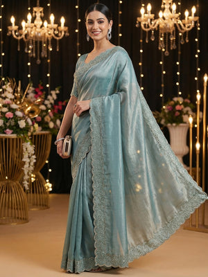 Dusty Teal Satin Saree with Handcrafted Stone Work Embellished Border - Image 1