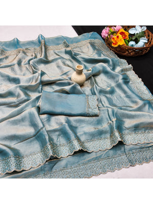 Dusty Teal Satin Saree with Handcrafted Stone Work Embellished Border - Image 2