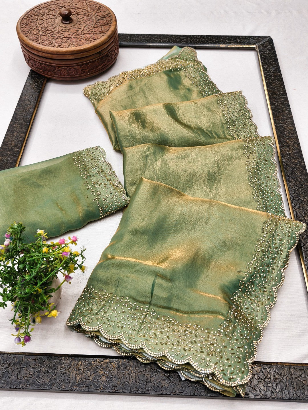 Sage Green Satin Saree with Handcrafted Stone Work Embellished Border - Image 3