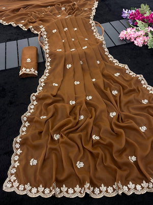Elegant Brown Georgette Saree Embellished With Floral Zari Embroidery & Intricate Moti Work - Image 2