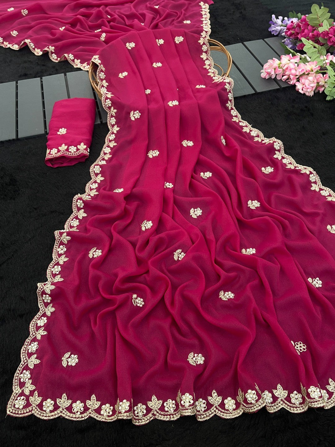 Elegant Pink Georgette Saree Embellished With Floral Zari Embroidery & Intricate Moti Work - Image 2
