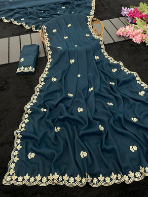 Elegant Blue Georgette Saree Embellished With Floral Zari Embroidery & Intricate Moti Work - Image 2
