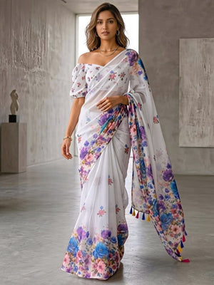 Elegant White Floral Printed Organza Saree with Designer Blouse - Image 1