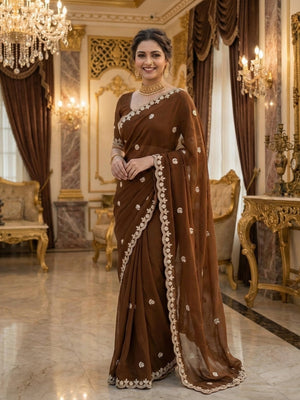 Elegant Brown Georgette Saree Embellished With Floral Zari Embroidery & Intricate Moti Work - Image 1