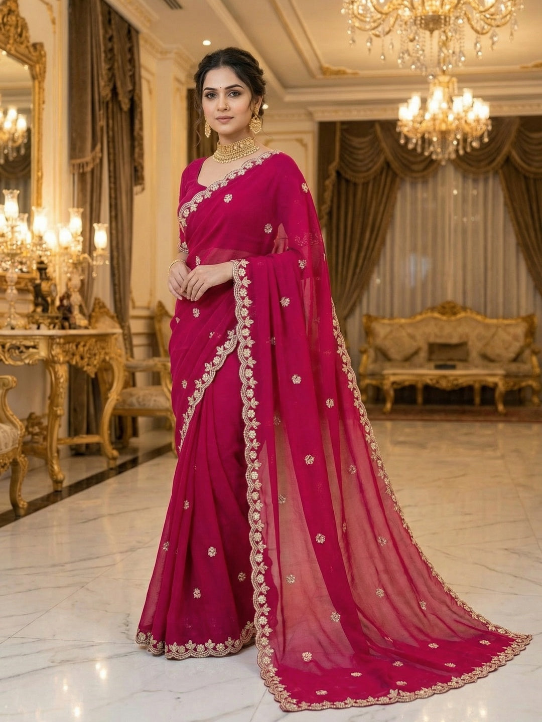 Elegant Pink Georgette Saree Embellished With Floral Zari Embroidery & Intricate Moti Work - Image 1