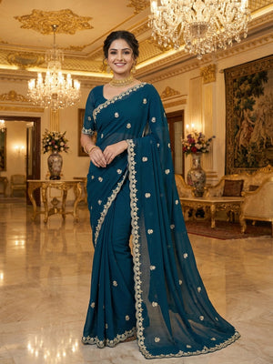 Elegant Blue Georgette Saree Embellished With Floral Zari Embroidery & Intricate Moti Work - Image 1