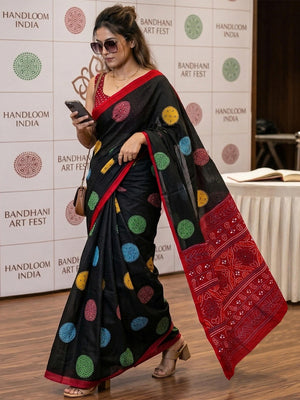 Elegant Black Geometric Printed Mulmul Cotton Saree With Bandhani Inspired Pallu Work - Image 1
