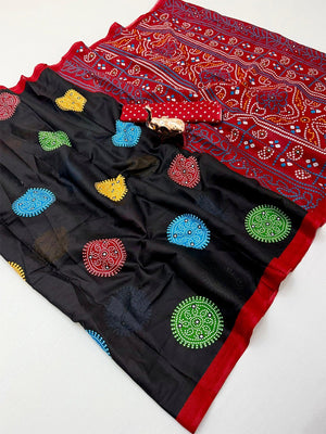 Elegant Black Geometric Printed Mulmul Cotton Saree With Bandhani Inspired Pallu Work - Image 2