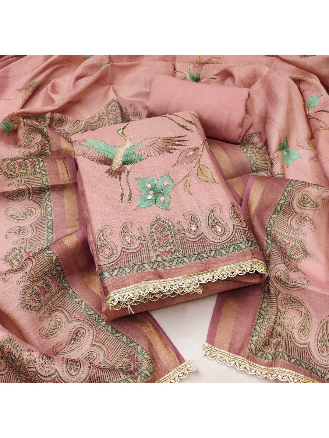 Pastle Pink Linen Dress Material with Abstract Printed Design - Image 1