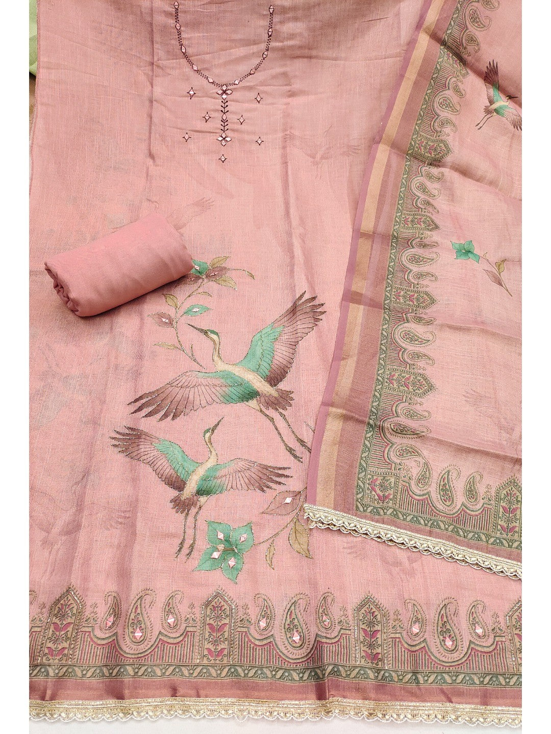 Pastle Pink Linen Dress Material with Abstract Printed Design - Image 4