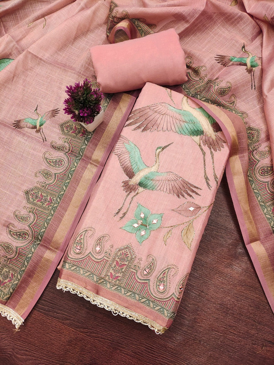 Pastle Pink Linen Dress Material with Abstract Printed Design - Image 3