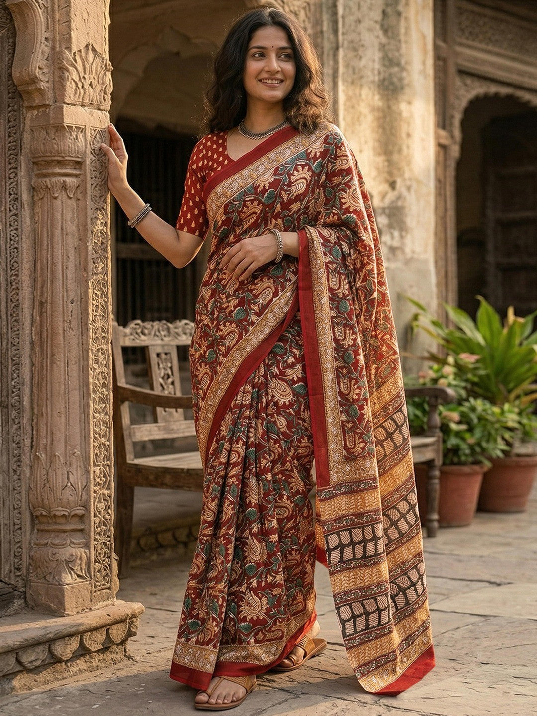 Designer Rust Floral Print Mulmul Cotton Saree With Refined Work - Image 1