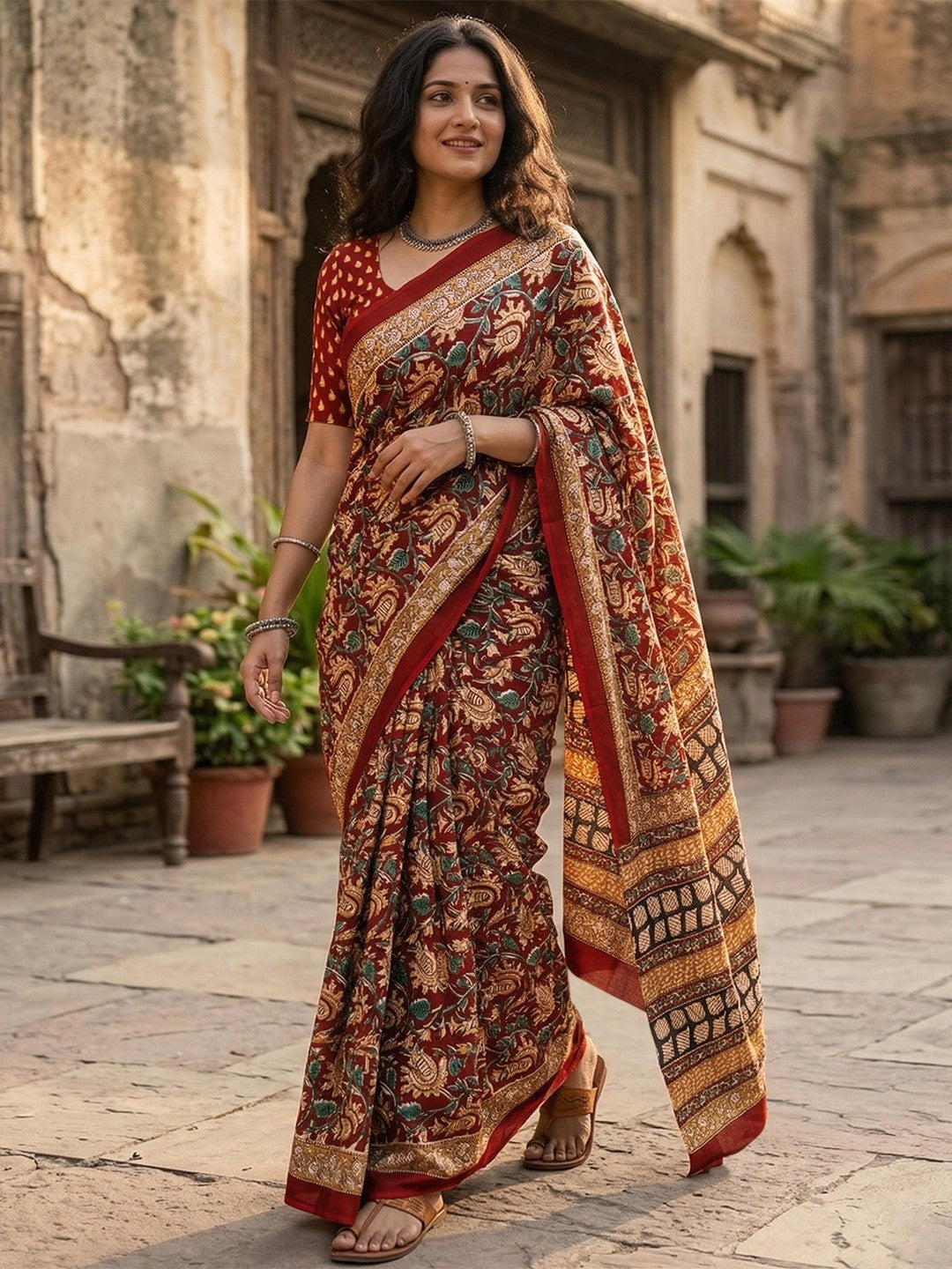 Designer Rust Floral Print Mulmul Cotton Saree With Refined Work - Image 4