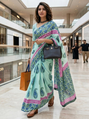 Graceful Turquoise & Blue Floral Printed Mulmul Cotton Saree With Paisley Motif - Image 1