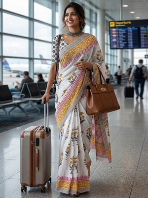 Classic White Blossom Floral Print Mulmul Cotton Saree with Artistic Work - Image 1