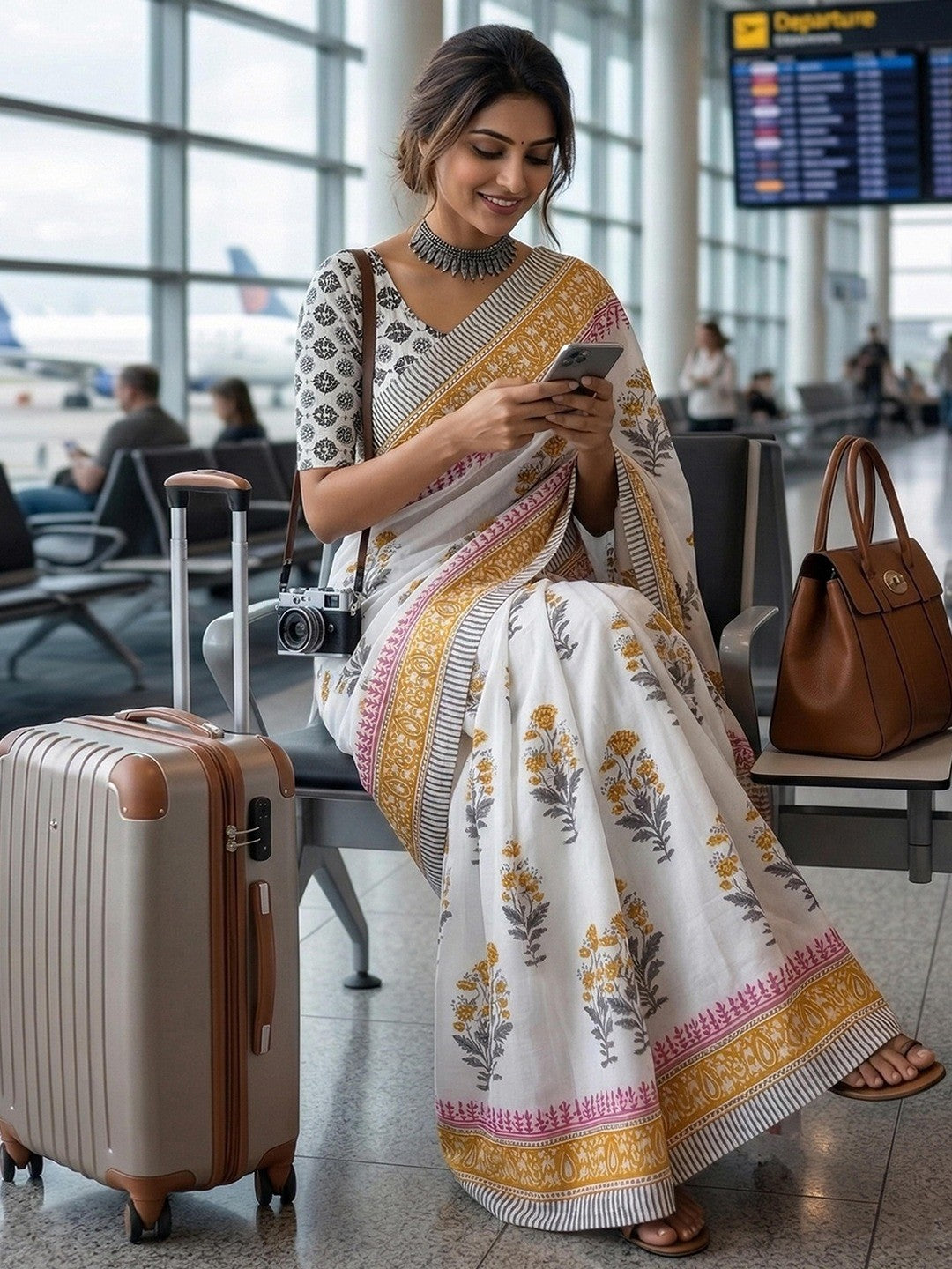Classic White Blossom Floral Print Mulmul Cotton Saree with Artistic Work - Image 4