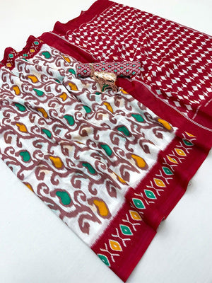 Charming Red & White Ikkat Printed Mulmul Cotton Saree With Subtle Work - Image 2