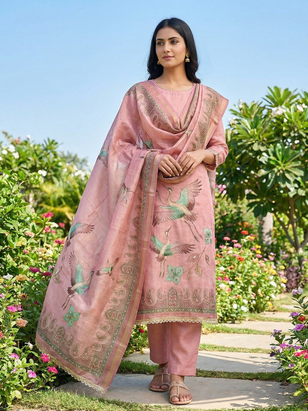 Pastle Pink Linen Dress Material with Abstract Printed Design - Image 2