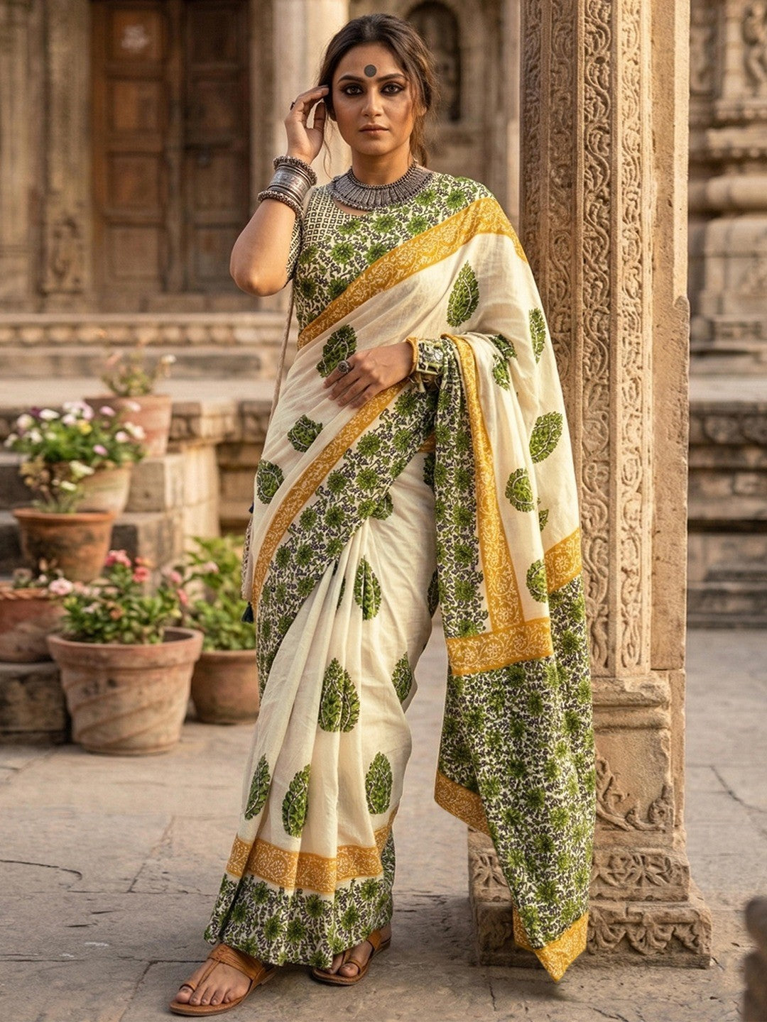 Stylish Cream & Green Floral Print Mulmul Cotton Saree With Delicate Work - Image 1