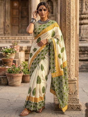 Stylish Cream & Green Floral Print Mulmul Cotton Saree With Delicate Work - Image 1