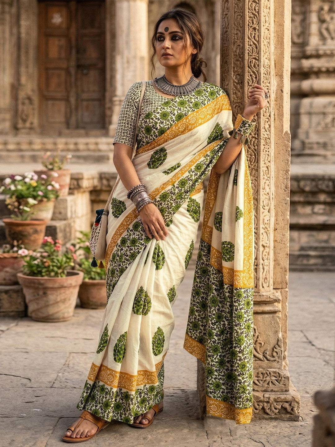 Stylish Cream & Green Floral Print Mulmul Cotton Saree With Delicate Work - Image 2