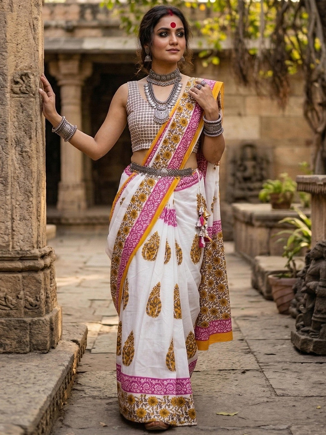 Stylish White & Mustard Floral Print Mulmul Cotton Saree With Delicate Work - Image 3