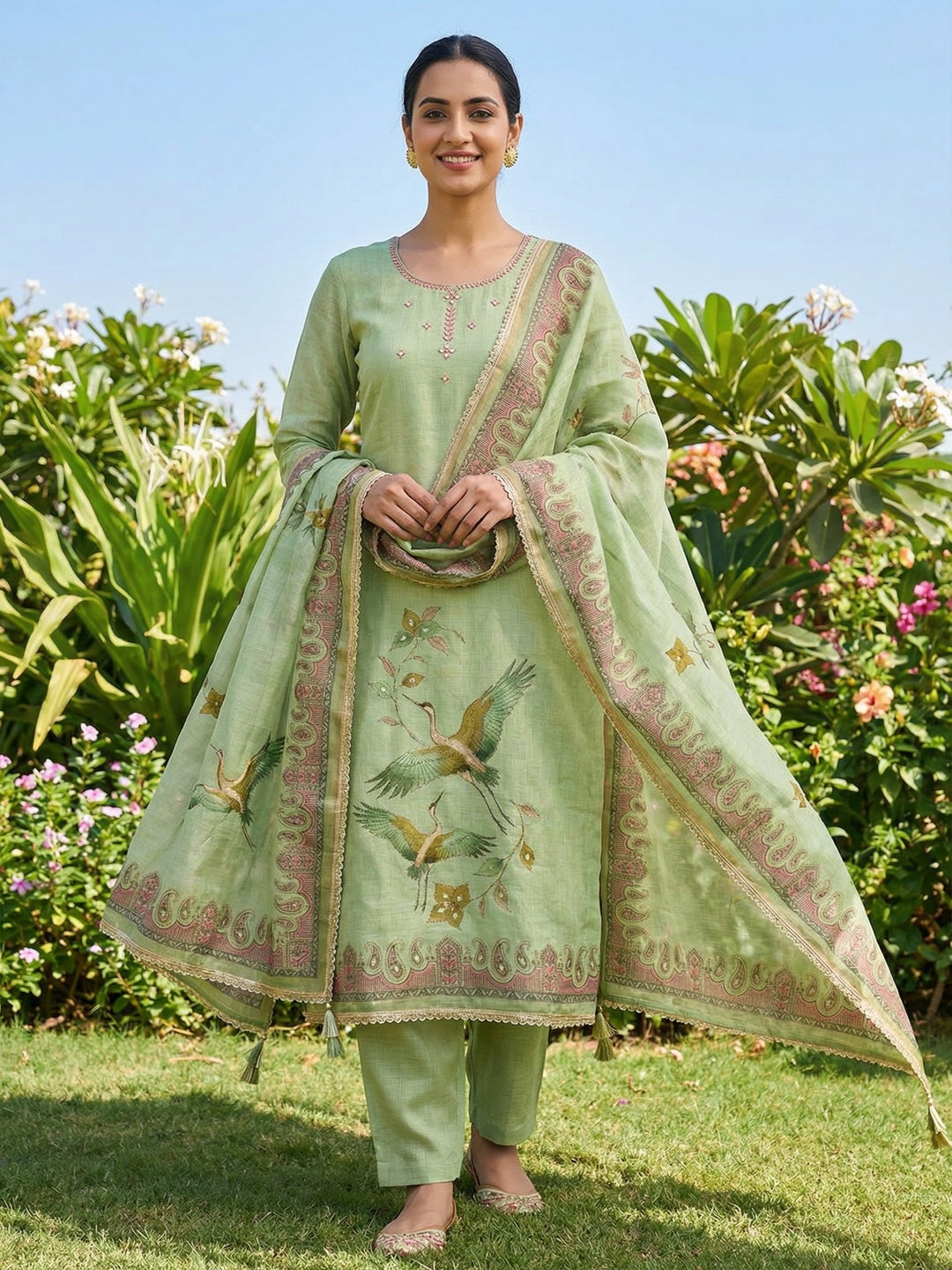 Pista Green Linen Dress Material with Abstract Printed Design - Image 2