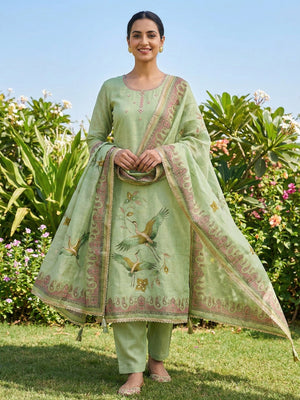 Pista Green Linen Dress Material with Abstract Printed Design - Image 1