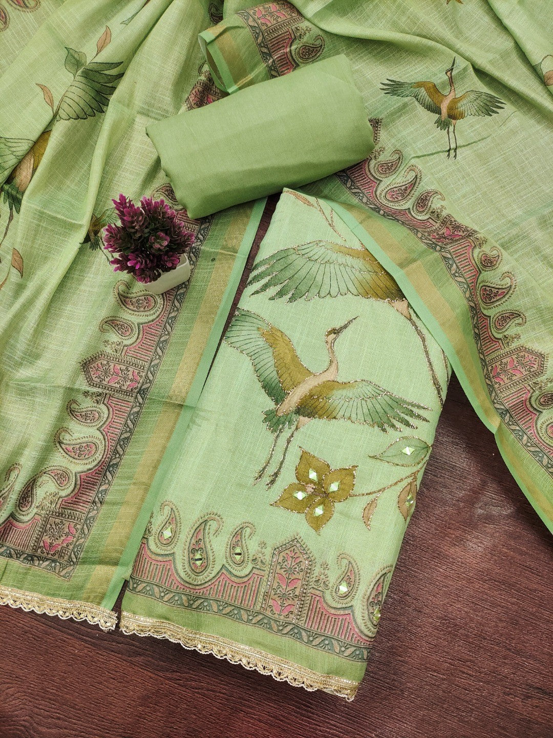 Pista Green Linen Dress Material with Abstract Printed Design - Image 3
