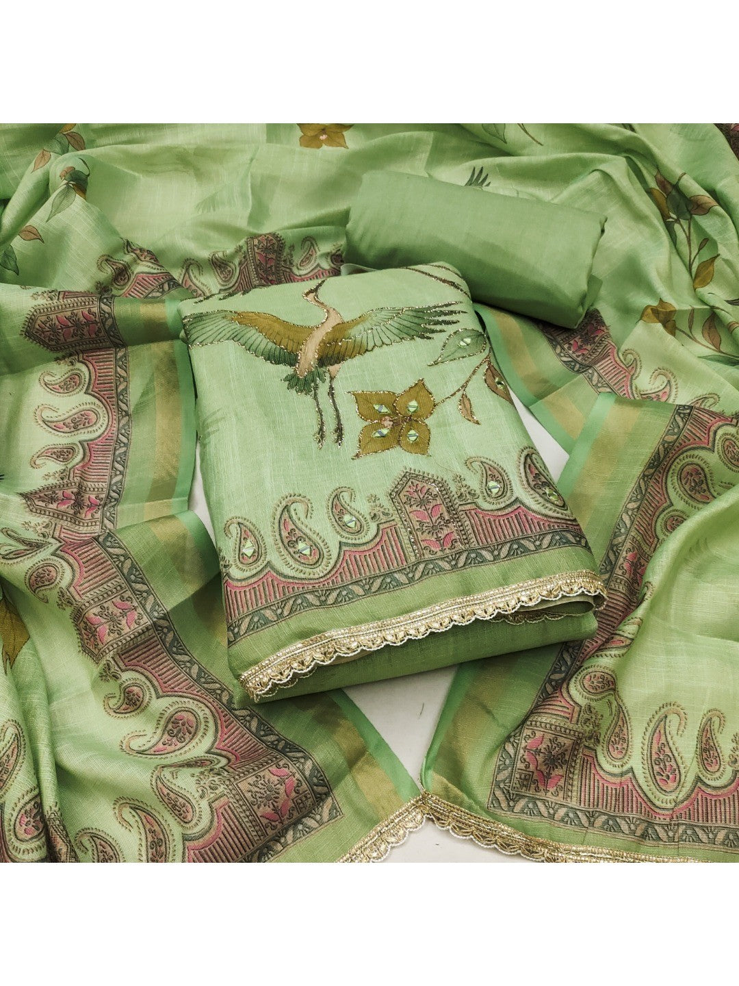 Pista Green Linen Dress Material with Abstract Printed Design - Image 1