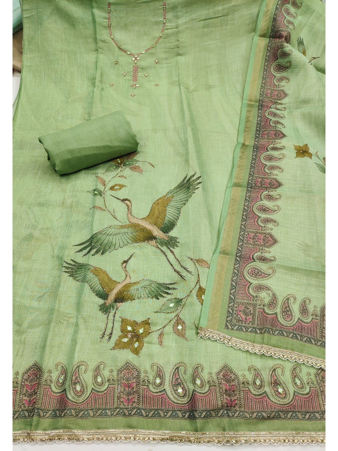Pista Green Linen Dress Material with Abstract Printed Design - Image 4