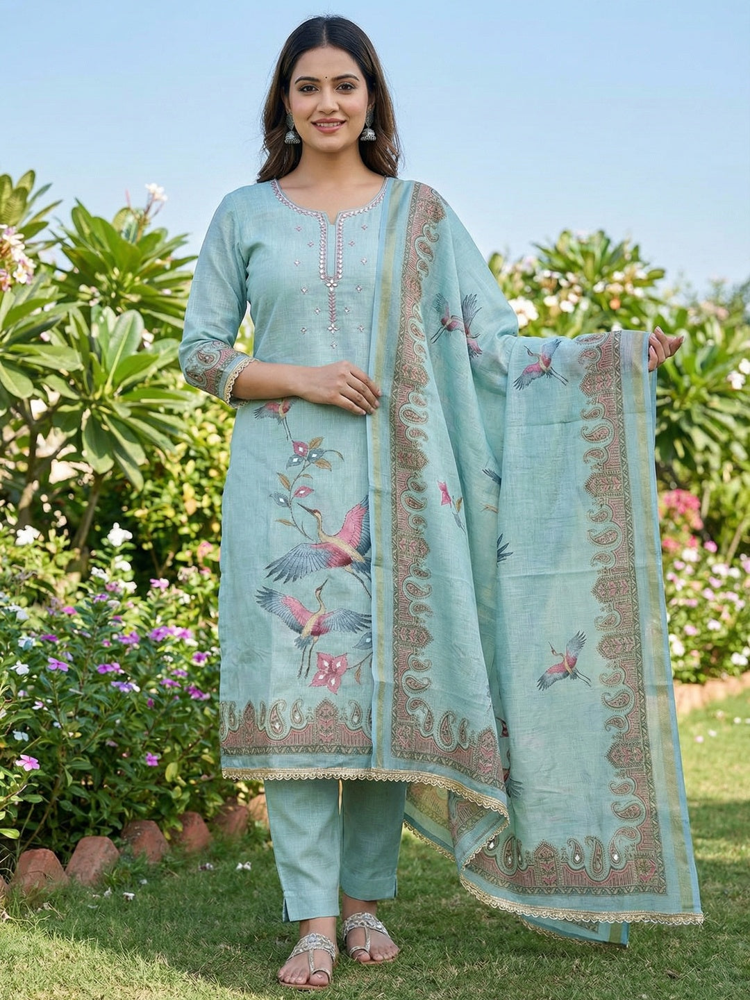 Blue Linen Dress Material with Abstract Printed Design - Image 2