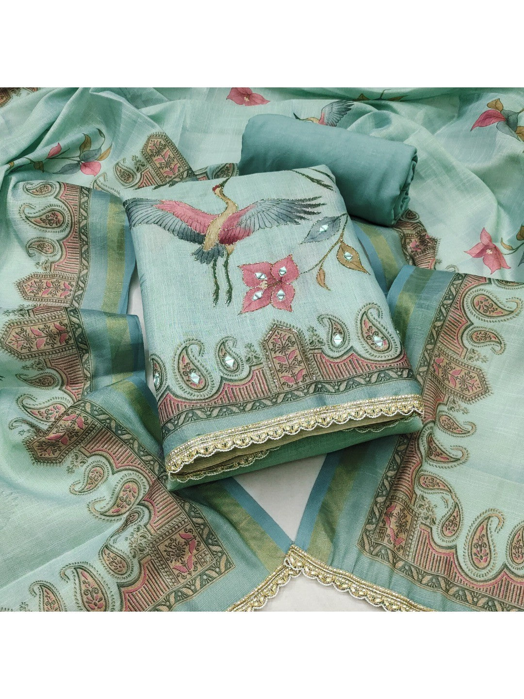 Blue Linen Dress Material with Abstract Printed Design - Image 1