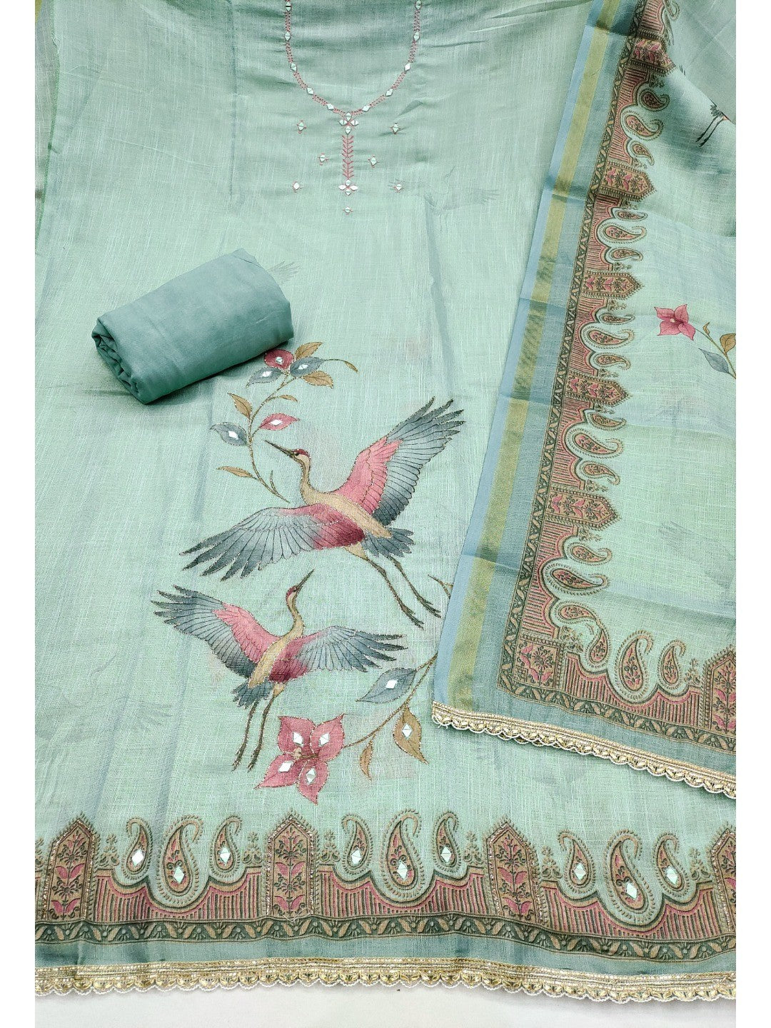 Blue Linen Dress Material with Abstract Printed Design - Image 4