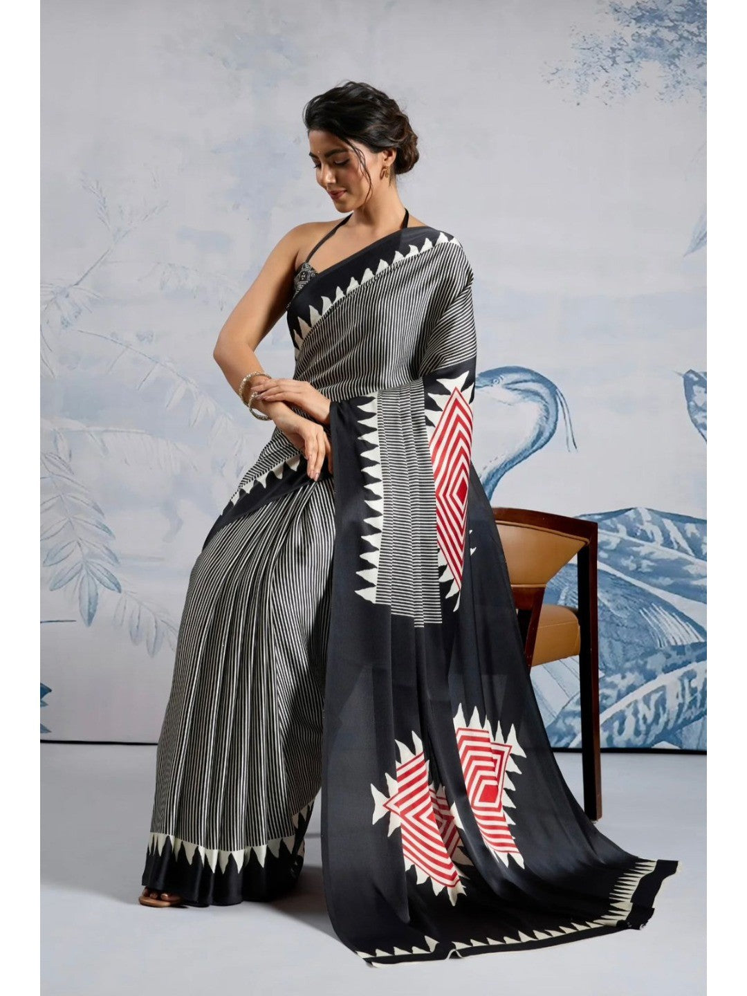 Elegant Black Crepe Saree with Striped and Geometric Print - Image 4