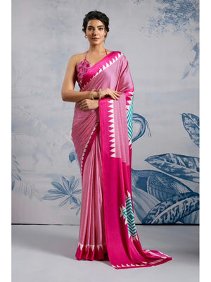 Elegant Pink Crepe Saree with Geometric Print Border - Image 1