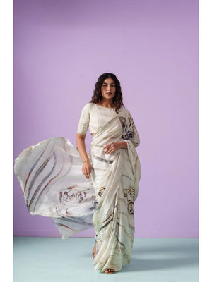 Elegant Cream Crepe Saree with Tiger Print - Modern Indian Fashion - Image 1