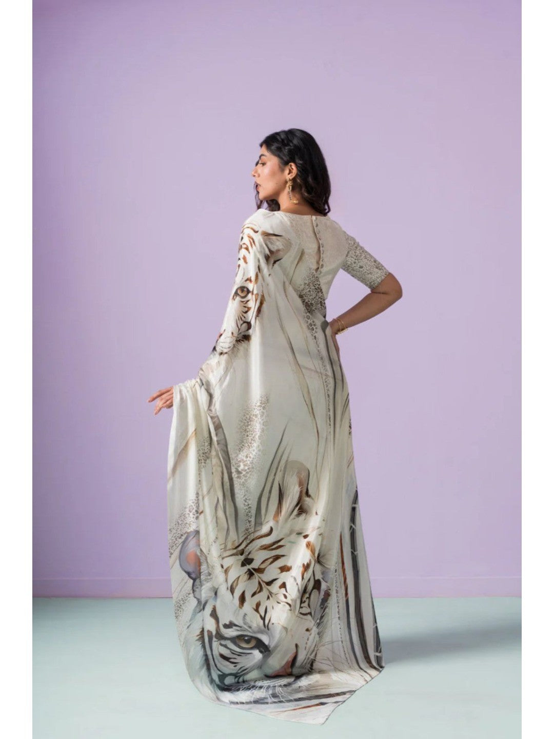Elegant Cream Crepe Saree with Tiger Print - Modern Indian Fashion - Image 4