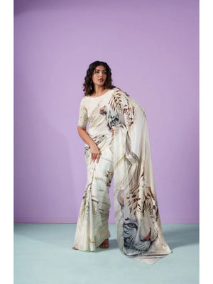 Elegant Cream Crepe Saree with Tiger Print - Modern Indian Fashion - Image 2