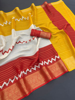 Elegant Red & Mustard Striped Weaving Georgette Saree Enhanced With Zig Zag Print Work - Image 3