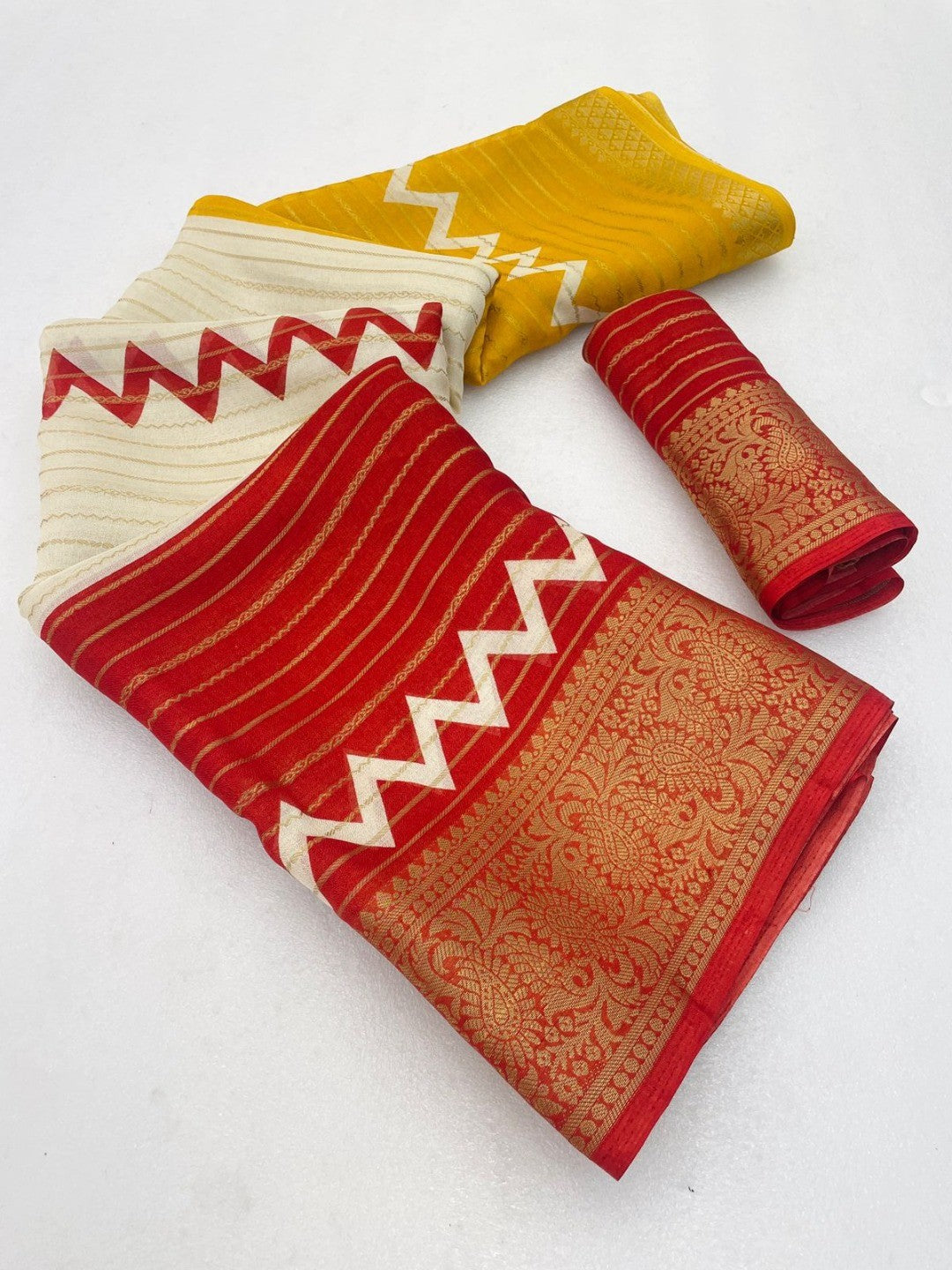 Elegant Red & Mustard Striped Weaving Georgette Saree Enhanced With Zig Zag Print Work - Image 2