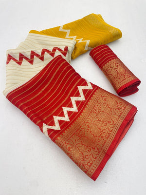 Elegant Red & Mustard Striped Weaving Georgette Saree Enhanced With Zig Zag Print Work - Image 2