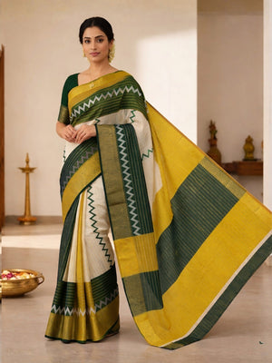 Elegant Green & Lemon Yellow Striped Weaving Georgette Saree Enhanced With Zig Zag Print Work - Image 1