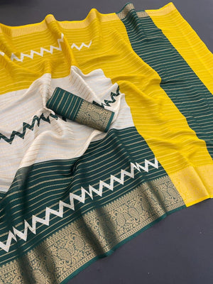 Elegant Green & Lemon Yellow Striped Weaving Georgette Saree Enhanced With Zig Zag Print Work - Image 2