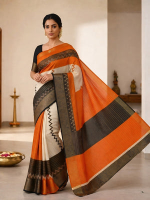Elegant Brown & Orange Striped Weaving Georgette Saree Enhanced With Zig Zag Print Work - Image 1