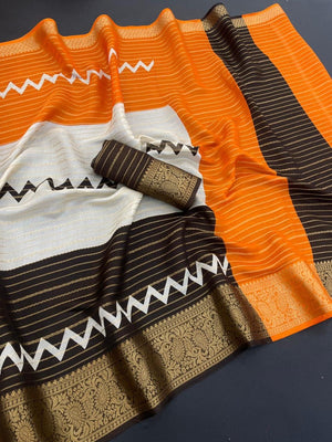 Elegant Brown & Orange Striped Weaving Georgette Saree Enhanced With Zig Zag Print Work - Image 2