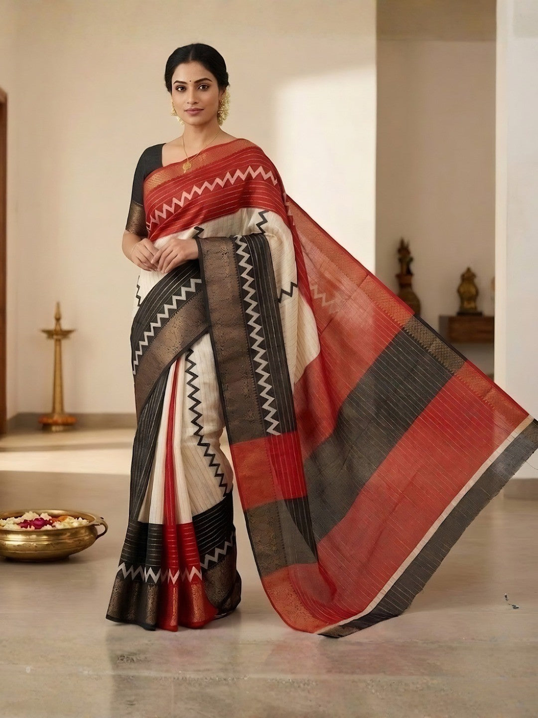Elegant Black & Red Striped Weaving Georgette Saree Enhanced With Zig Zag Print Work - Image 1
