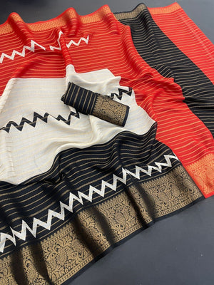 Elegant Black & Red Striped Weaving Georgette Saree Enhanced With Zig Zag Print Work - Image 2