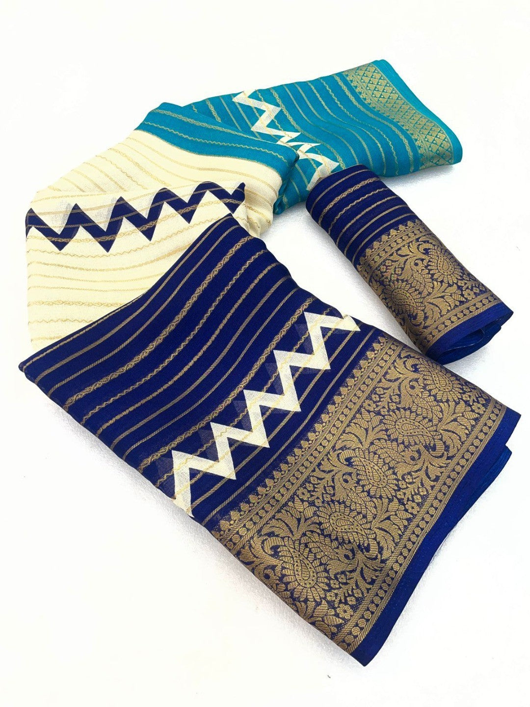 Elegant Navy Blue Striped Weaving Georgette Saree Enhanced With Zig Zag Print Work - Image 3